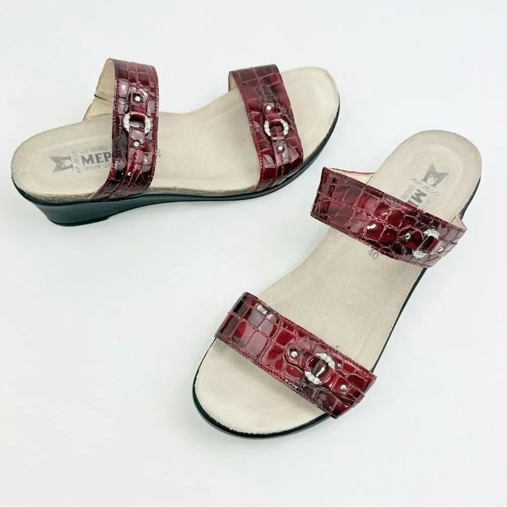 Mephisto NAIADE Dark Red Leather Reptile Embossed Slip On Wedge Comfort Sandals